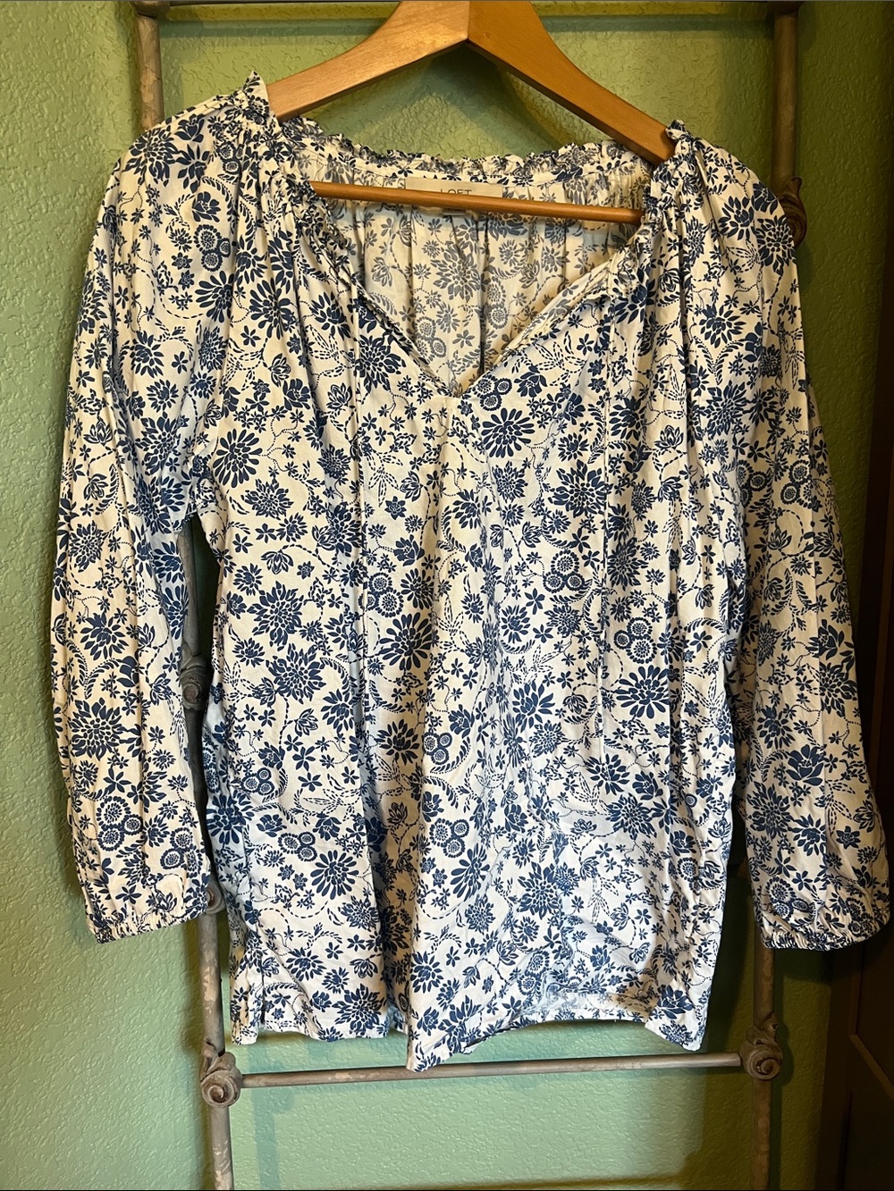 LOFT Cream Tunic Top with Blue Floral Print